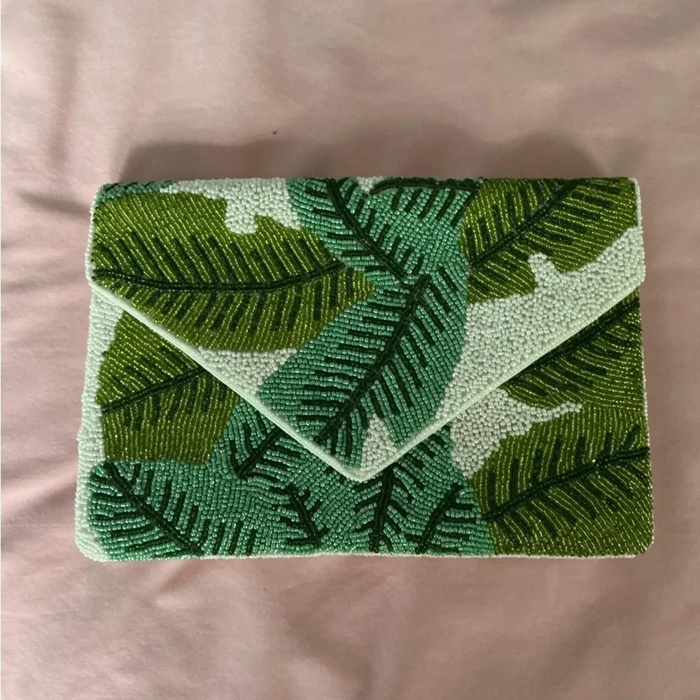 Beaded Leaf Envelope Clutch in Green Shades - Women Bags